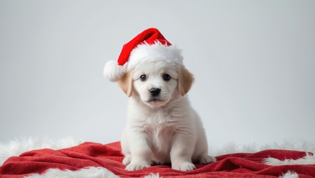 Sweet puppy dog with a Christmas Santa hat sitting alone on white background