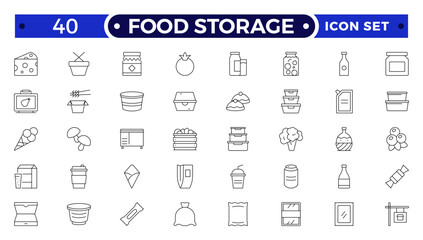 Food storage outline icon set .Groceries Icon Set. Fresh Produce, Dairy, Snacks, Meats, Condiments, Beverages, Baby Food, Household Items.