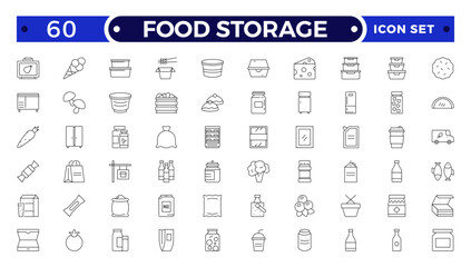 Food storage outline icon set .Groceries Icon Set. Fresh Produce, Dairy, Snacks, Meats, Condiments, Beverages, Baby Food, Household Items.