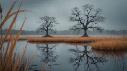 Gray wetland trees reflected in water with amber-colored grasses framing the scene