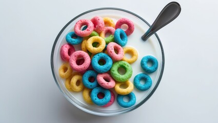 Kids cereal loops in milk with spoon on white background