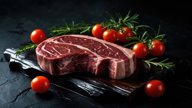 Raw porterhouse or T-bone beef steak displayed on black surface