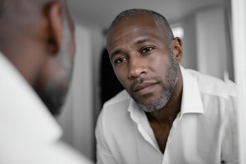 Naklejka premium A distinguished man examines his reflection in the mirror, highlighting his thoughtful expression and showcasing the significance of self-exploration and wisdom.