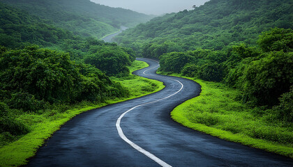 Winding Road Through Lush Green Tropical Forest