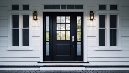 Traditional black front door with white trim and several windows