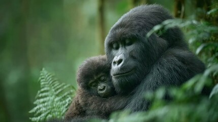 Obraz premium Tender Moment: Mother Gorilla Holding Her Baby in Lush Green Jungle, Symbolizing Love and Family Bonds in Nature