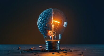 Lightbulb with brain half illuminated concept for ideas and innovation.