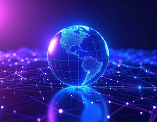 Fototapeta premium A glowing globe representing Earth, surrounded by a network of colorful dots, symbolizes technology and connectivity in a digital landscape