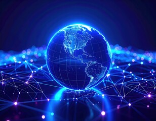 Obraz premium A glowing globe is surrounded by a network of bright lines and dots, representing connectivity and technology in a digital world