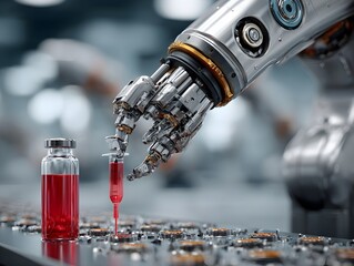 A robotic arm precisely draws medication from a vial using a sye in a sterile medical laboratory setting.