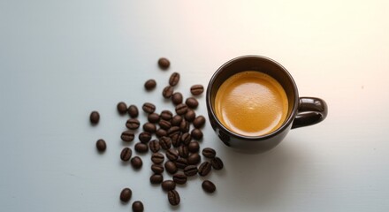 Fototapeta premium hot espresso and coffee bean on white table with soft-focus and over light in the background. top view