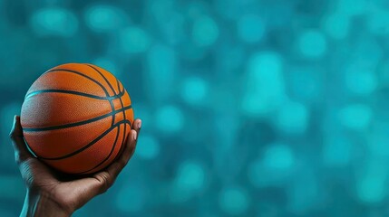 Obraz premium Closeup of hand holding basketball teal background