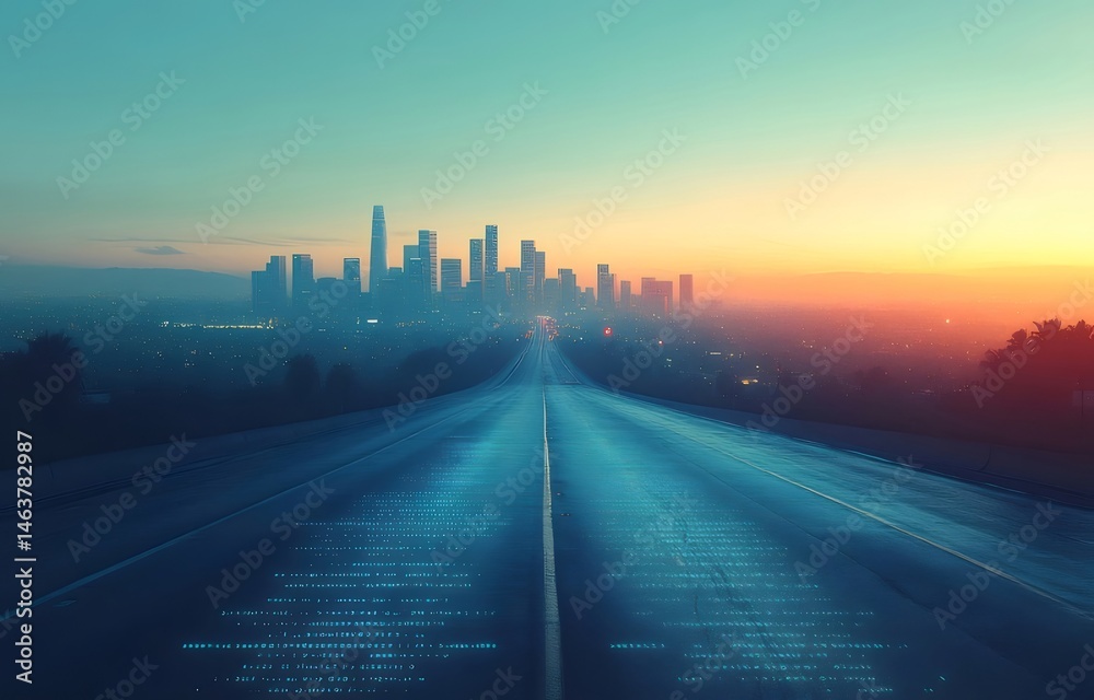 Poster 夕暮れの都市景観に向かう道路 青とオレンジの空 街並みのシルエット 現代的な建築と交通インフラ
