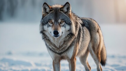 Fototapeta premium Wild gray wolf in winter landscape, isolated on white, alert and in nature