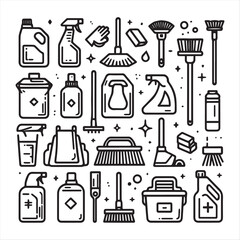 Editable set of vector clip art elements of cleaning supplies and equipment