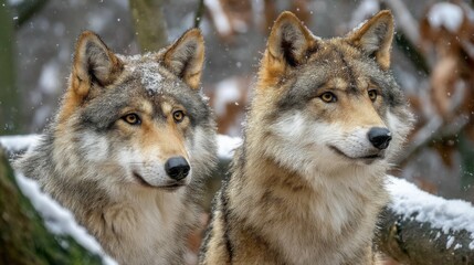 Fototapeta premium Two Majestic Wolves Observing Their Snowy Forest Habitat with Intensity and Grace