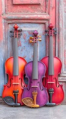 Naklejka premium Colorful Violins Against Vintage Door Background in Artistic Setting