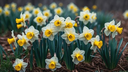 Magnified view of daffodils on a meadow