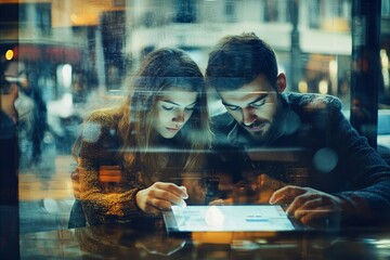 Young couple using a tablet in a cozy cafe.