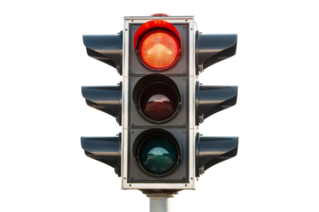 Close-up of a traffic light with red, amber, and green lights against transparent background, concept for transportation safety and city infrastructure design