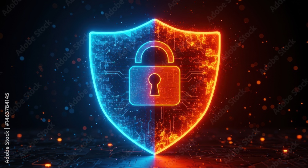 Wall mural glowing shield with padlock symbol representing security cybersecurity and data protection.