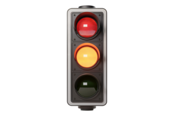 Realistic 3D model of a traffic light showing red and amber lights against a transparent background, concept for transportation safety and urban infrastructure design