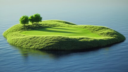 Lush green golf course island in calm water