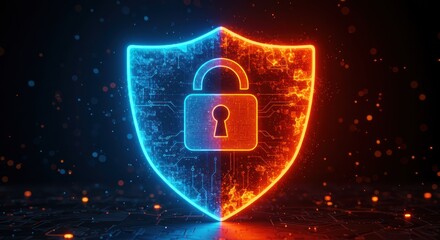 Glowing shield with padlock symbol representing security cybersecurity and data protection.