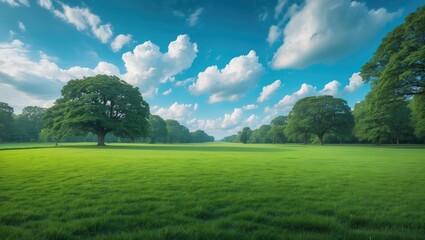 Serene park scene featuring vibrant green lawns