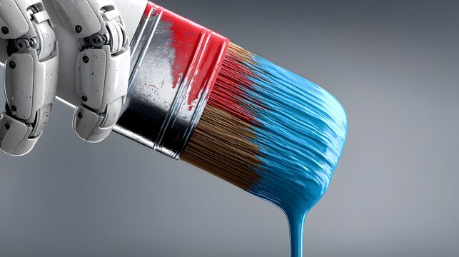 A robotic hand delicately holds a paintbrush loaded with vibrant blue and red paint against a neutral gray background.