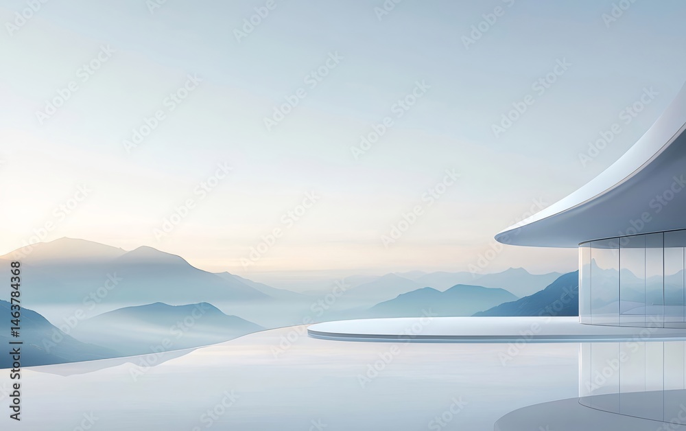 Aufkleber 穏やかな山々とミニマルな建築が霞がかった空の下に佇む日本の静寂な風景 パノラマの眺望 澄んだ水面に映る光 曲線と幾何学が織りなすデザイン