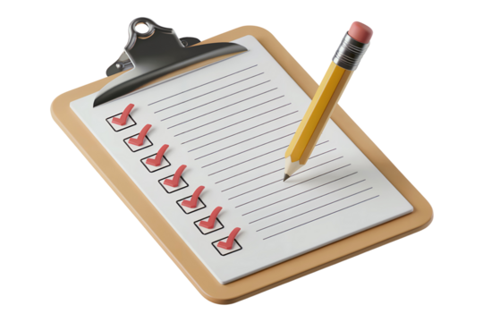 3D rendering of a clipboard with a checklist and a pencil against transparent background, concept for project management, planning, and task organization