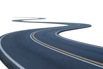 A winding asphalt road with white and yellow lane markings against a transparent background, concept for transportation, travel, and road trip designs