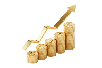 3D rendering of stacks of gold coins with upward arrow, concept for financial growth and investment
