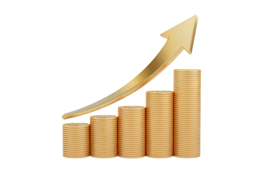 Gold coins stacks with upward arrow, concept financial growth illustration against transparent background