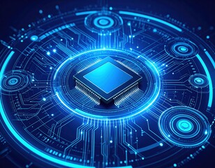 Obraz premium Futuristic digital circuit design featuring a microchip surrounded by glowing lines and nodes, representing advanced technology and connectivity