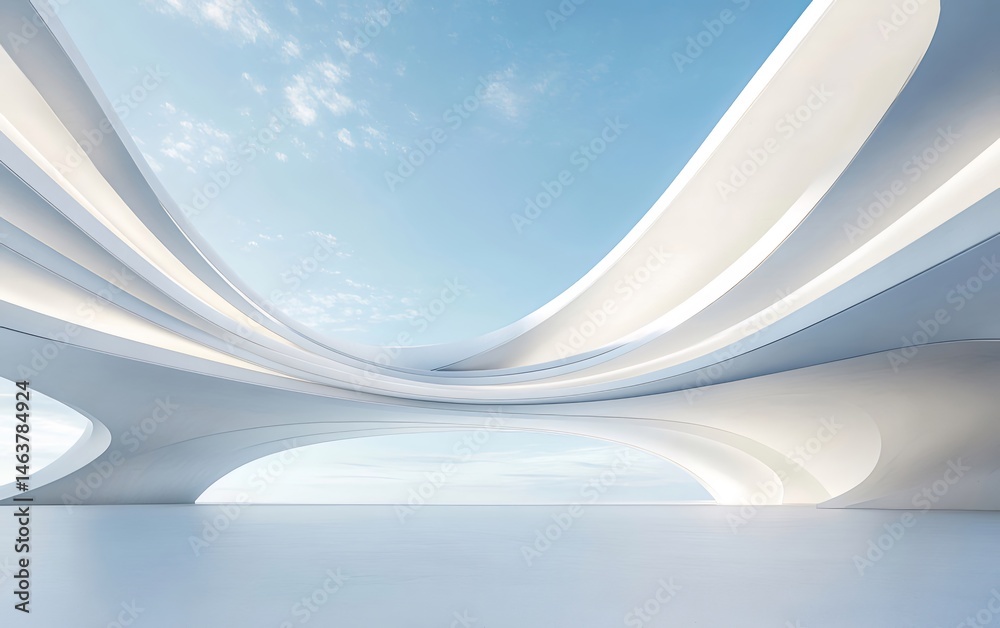Poster 曲線的な白い現代建築 抽象的なデザインが青い空を背景に映えるミニマルな幾何学的構造