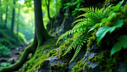 Obraz premium Overgrown fern fronds tangled on a rocky outcropping, forests, trees