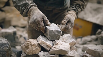 Construction Worker Handling Stone Blocks
