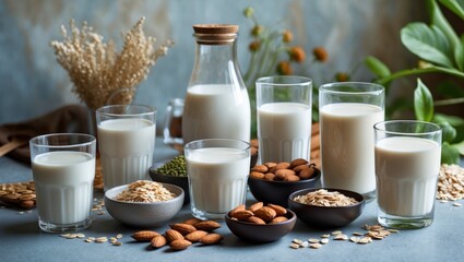 Assortment of organic plant-based milk and ingredients on background emphasizing healthy vegan beverage options