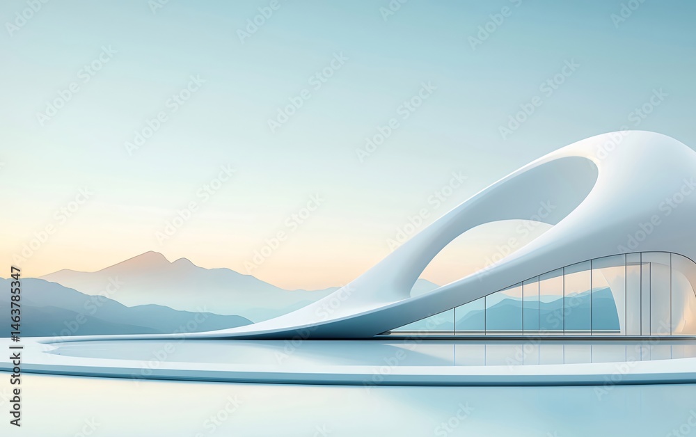Poster 未来的な白い建築物の曲線的なデザイン、反射する水面と山々の背景、抽象的なミニマリストスタイル
