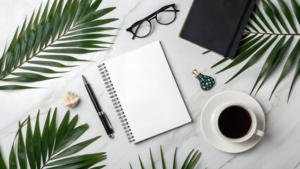 Tropical-Inspired Workspace Marble Background, Green Leaves, and Office Essentials