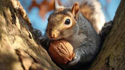 Fototapeta premium Close-up of a Squirrel Holding a Walnut in a Tree with a Soft Focus on Nature Background and Autumn Leaves