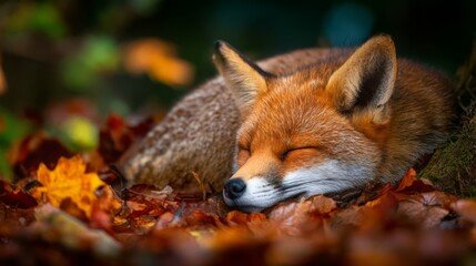 Fototapeta premium Peaceful Red Fox Sleeping on Colorful Autumn Leaves in Enchanting Forest Setting