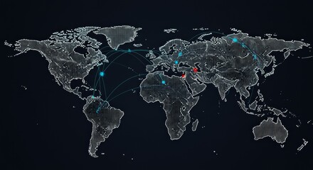 Abstract World Map with Digital Network Connections on Dark Backdrop