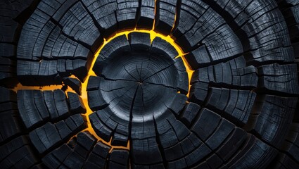 Fototapeta premium Rough surface of aged, felled tree wood showing burnt, resinous texture, cracks, and annual rings, emphasizing natural aging and weathering.