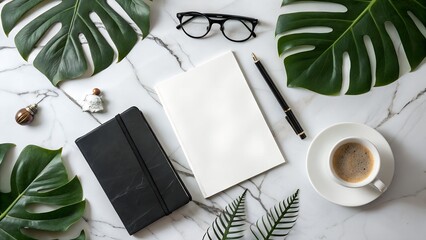 Minimalist Workspace Flat Lay Elegant Design with Tropical Leaves