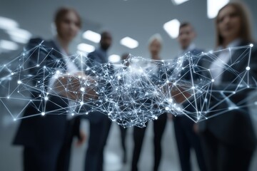 Diverse professionals connected through technology.