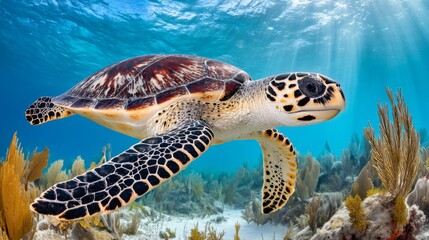Fototapeta premium Majestic Sea Turtle Gliding Through Vibrant Coral Reef in Crystal Clear Ocean Water Under Soft Sunlight