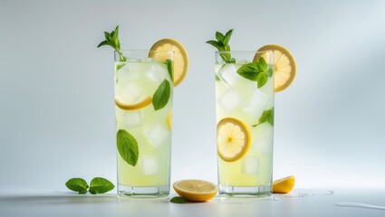 Homemade citrus lemonade with ice and mint in a glass against a white backdrop